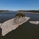 Aerial photo from October 2022 of low river levels around Tower Rock on the Mississippi River at Grand Tower, Illinois.